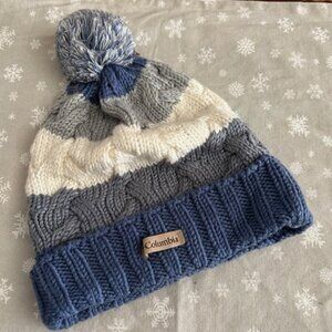 Columbia Knit Beanie – Cream, Gray & Blue Stripes – Super Soft, Great Condition